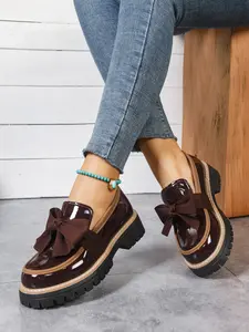 Women's Plus Size Fall Winter Loafers, Pure Color Bow Decor, High-End Leather Feel, Thick Sole Fashion Single Shoes, Butterfly Decorated Loafers