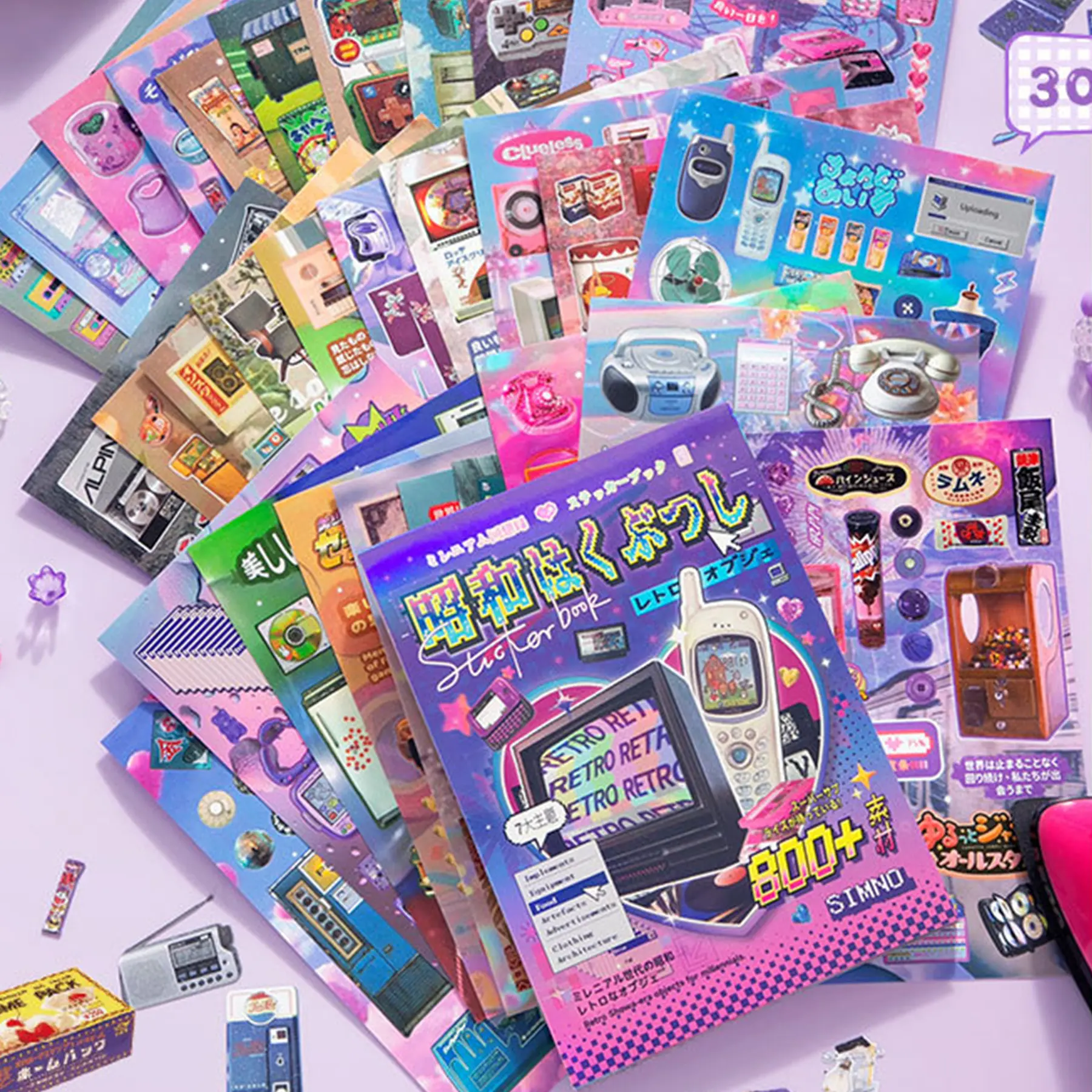Japanese Retro Sticker Book (Single/Bundle) - 650 to 800+ Pcs 90s Anime & Y2K Tech Decals Glossy Matte Frosted for Scrapbooking Junk Journal Kit