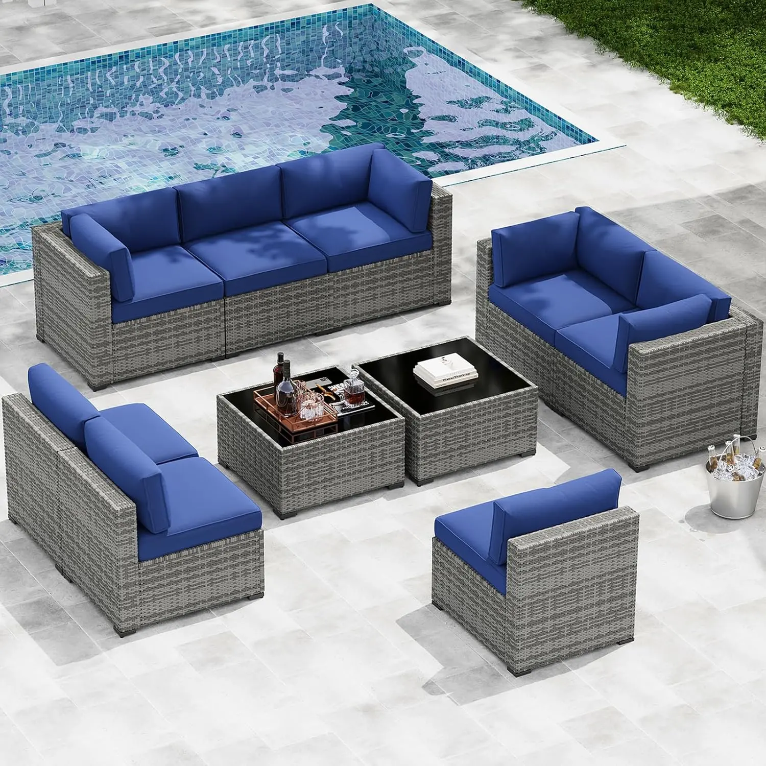 Aoxun 10-Piece Rattan Weave Outdoor Sectional Sofa Set - Cushioned Seats with Thickened Cushions, Neutral Tone Beige, for Multiple Users in Outdoor Areas, Sofa Sectional Couch