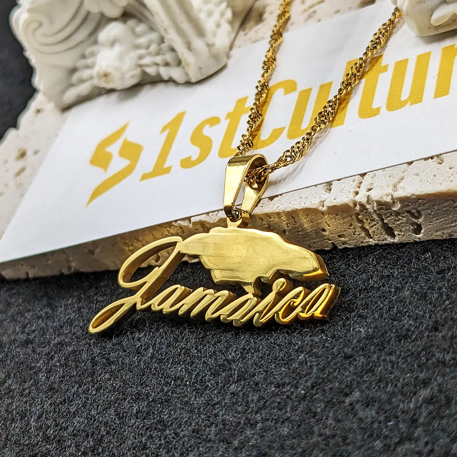 18k Gold Plated Jamaica Map Necklace - Rhinestone Jewelry Earrings