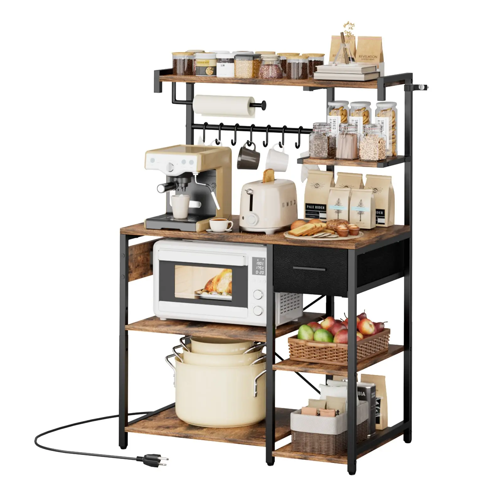 【Summerfinds】VEVOR  Kitchen Bakers Rack, 4.6ft Power Cable Bakers Rack with Power Outlet, Kitchen Stand with X-Shaped Support Bar, 8 S-Shaped Hooks, Coffee Bar Stand for Dishes, Spice Bottles, Built-In Power Strip
