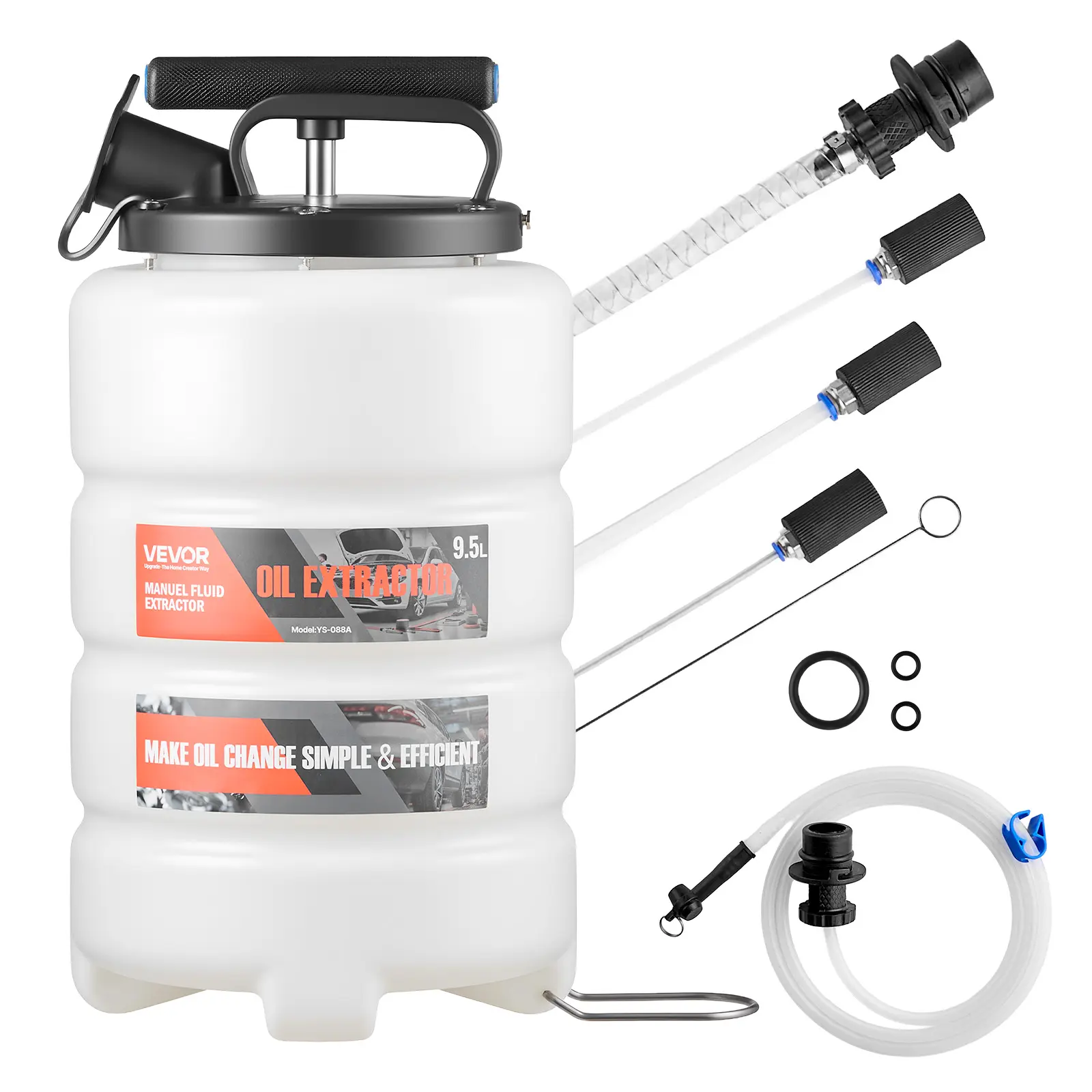 【summerfinds】VEVOR Fluid Extractor, 9.5 L Capacity, Manual Vacuum Oil Extractor Pump with 59 in Long Horse & Three 47 in Extension Tubes, Oil Change Pump with HDPE Tank for Cars, Lawn Mowers, Boats, Motorcycles