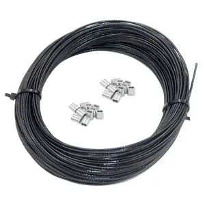 Soft Black Vinyl Coated 100 ft 304 Stainless Steel  Wire Rope 1/16 inch Core Diameter 3/64 inch with 20 count Sleeves Stops