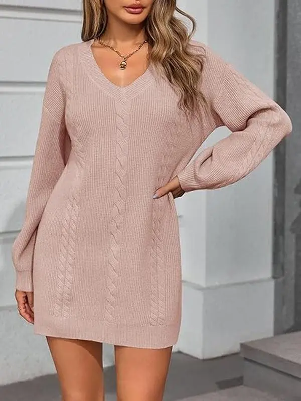 Women's V-Neck Cable Knit Sweater Dress - Casual Cozy, Loose Fit, Drop Shoulder, Slouchy Long Lantern Sleeve Tunic for Fall, Cold Wash, Flat Dry, Basic, Mini Tunic, Drop Shoulders, Ready To Wear