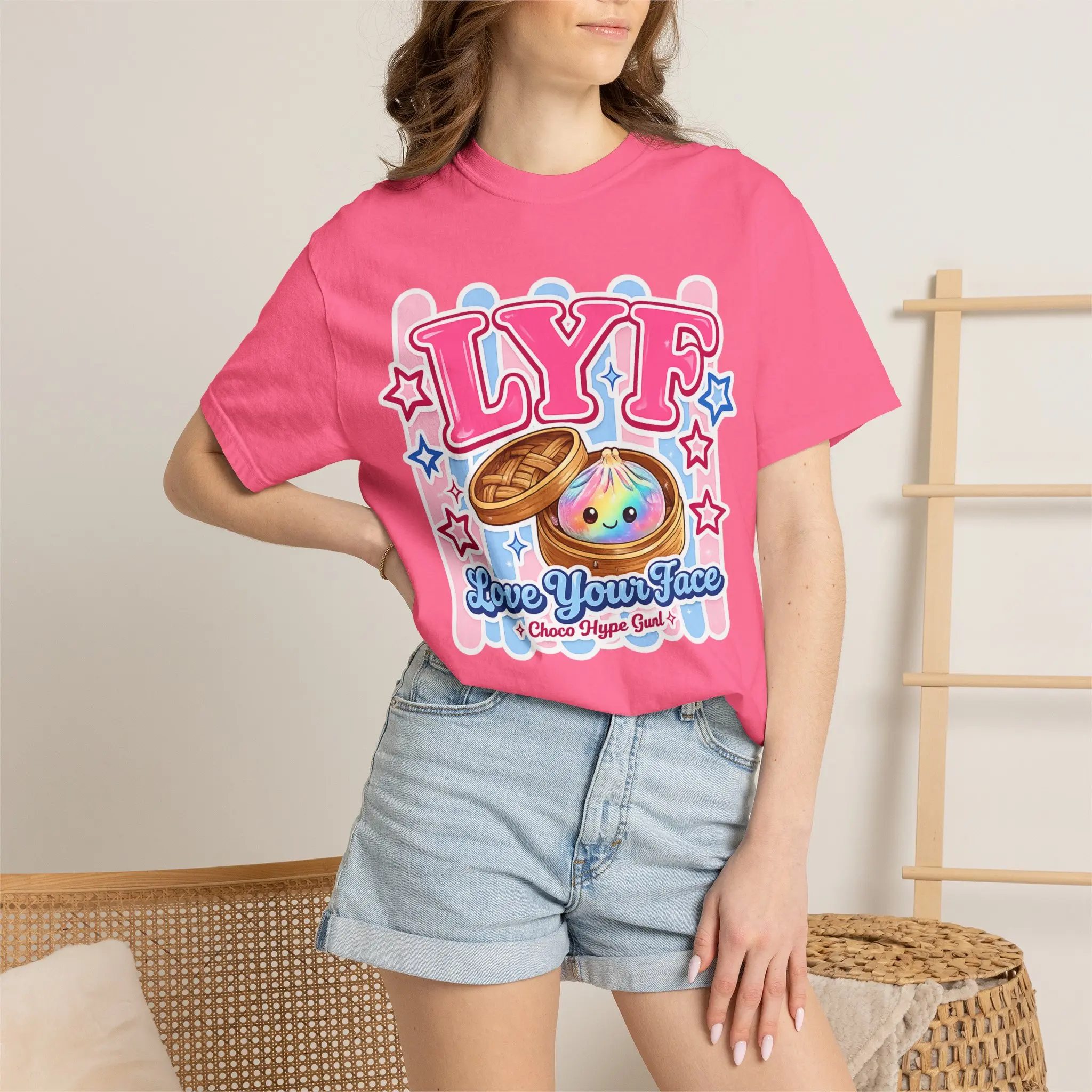 Retro Street Graphic Top for women or Men, Kawaii Dumpling Bubble Art, Garment-Dyed Heavyweight Ring-Spun Cotton, Loose Fit, Tops, Tshirt, Casual