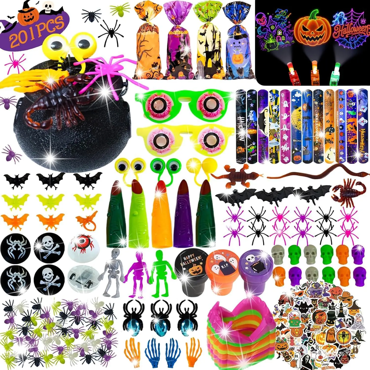 201-Pcs Unisex Spooky Halloween Party Favors Bulk - Mini Plastic Candy-Free Toys, Festive Goodie Bag Stuffers Gifts for Kids