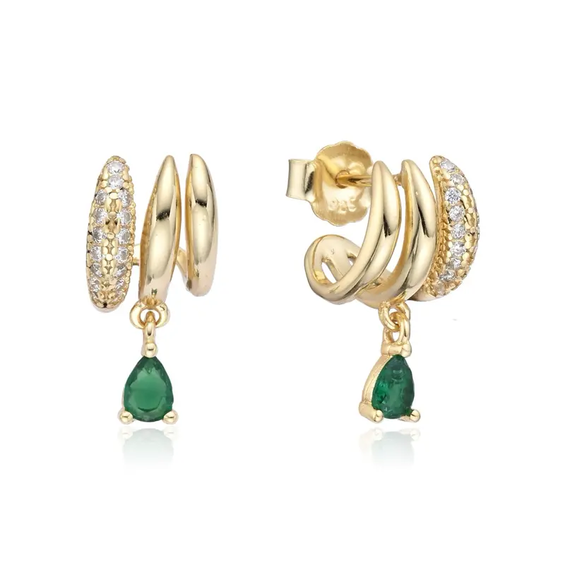 Women's Gold Plated Sterling Silver Stud Earrings - 3-Line Minimalist Stud Earring Jewelry with Green Teardrop Dangle, Gold Aesthetic Fashion Accessory, Ear Studs
