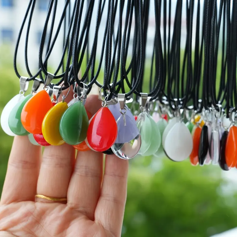20-Piece Casual Pendant Necklace Set, Unisex Glass Water Droplet Pendants with Faux Leather Cords for Parties, Glass Pendants