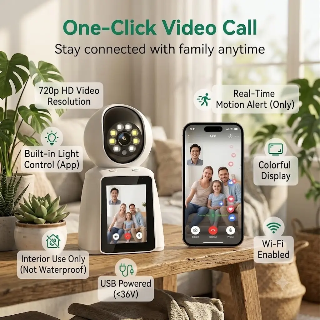 [Halloween Mega Sale] Call Family with 1-Click!  HD Indoor WiFi Cam with Screen | No-Battery USB Plug-in Safe Home Monitor | Motion Alert & Built-in Fill Light wireless indoor camera  wireless wifi camera  security gadget