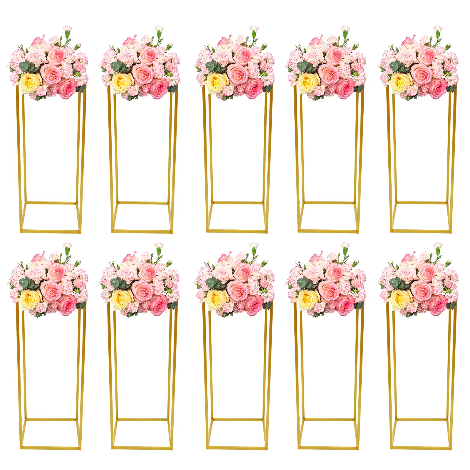 10pcs Modern Rectangle Gold Metal Flower Stands - Plastic-Enhanced High-Load (10kg) Tabletop/Floor Home Decor, Birthday Decoration, Event Props, High-Temperature Baked Freestanding Desktop Ornaments
