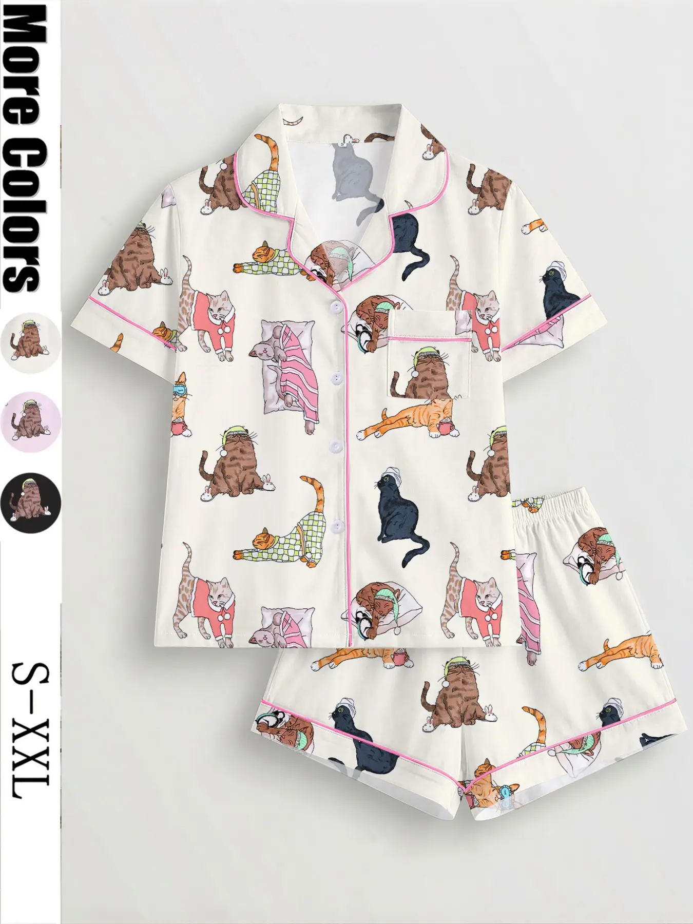Women's Cat Print Pajama Set, Short Sleeve Button Front Top & Elastic Shorts, Casual Home Wear, Loungewear, Pajama Clothes, Comfortable Sleepwear for All Seasons, Pjs, Casual Pajamas Outfit