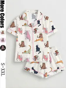 Women's Cat Print Pajama Set, Short Sleeve Button Front Top & Elastic Shorts, Casual Home Wear, Loungewear, Comfortable Sleepwear for All Seasons