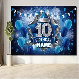 1PC Polyester, Reusable 2D Flat, Custom Name Blue 10th Birthday Backdrop - Party Decorations Banners, Balloon Firework Crown Themed Photo Background Wall for Kids' Party Supplies