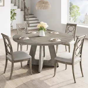 Garvee Rustic Round Dining Table 120 cm - Wooden Kitchen Table for 4 to 6 People, Featuring Solid Wood Top and Legs, Ideal for Dining Room or Kitchen Use (Table Only)