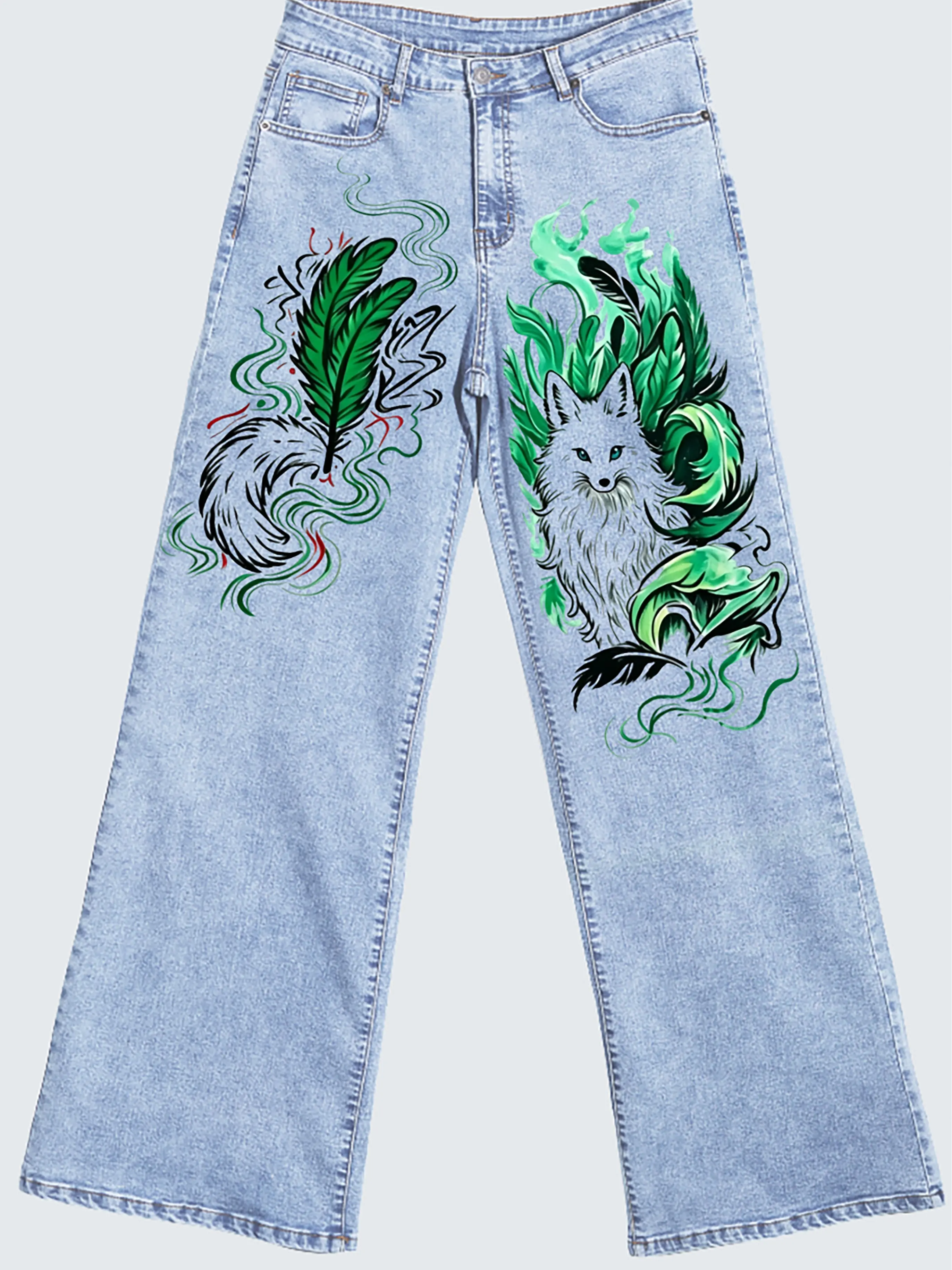 Oriental Mystic White Fox Green Feather Smoke Graphic Direct Ink Print High Rise Wide Leg Light Blue Washed Street Denim Pants