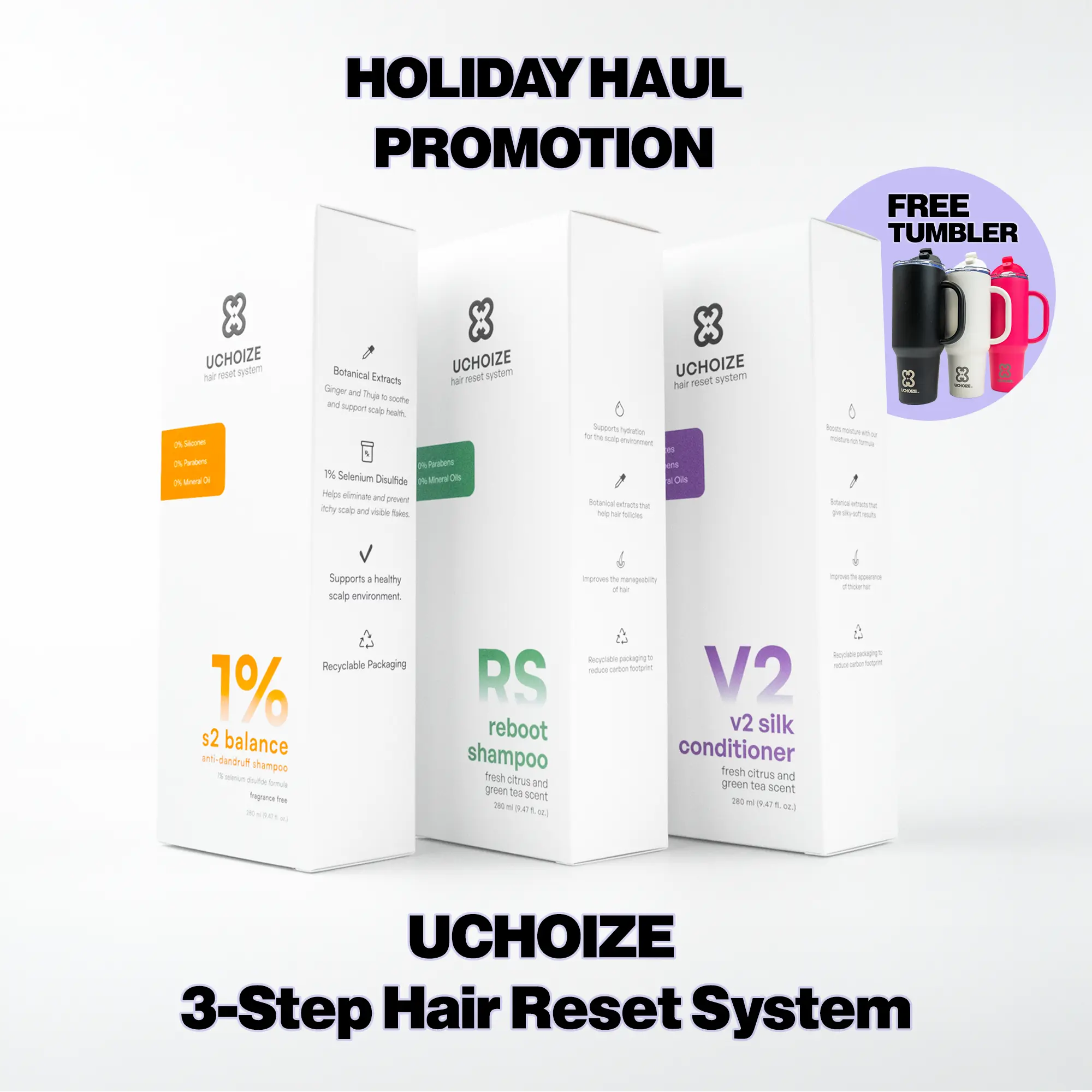 UCHOIZE 3-Step Hair Reset Haircare System - 1% Selenium Disulfide Anti-Dandruff Cleanser, Clarifying Shampoo, Silicone-Free Conditioner (280ml Each) - Scented Silky Scalp Care for Flakes, Itchy Scalp, Oil Control, Anti Dandruff Haircare, Lightweight