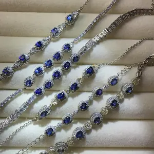 <PingEast jewelry > LBSSL2-01-06--925 Sterling Silver Bracelet in silver-tone, set with natural Sri Lankan Sapphires, with certificate