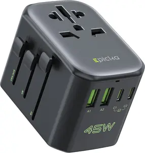 EPICKA Pulse 45W International Power Adapter, Universal Travel Adapter with PD Fast Charging, 5-Port (1 AC/2 USB-A/2 USB-C) European Travel Plug Adapter, Travel Essentials (Black)