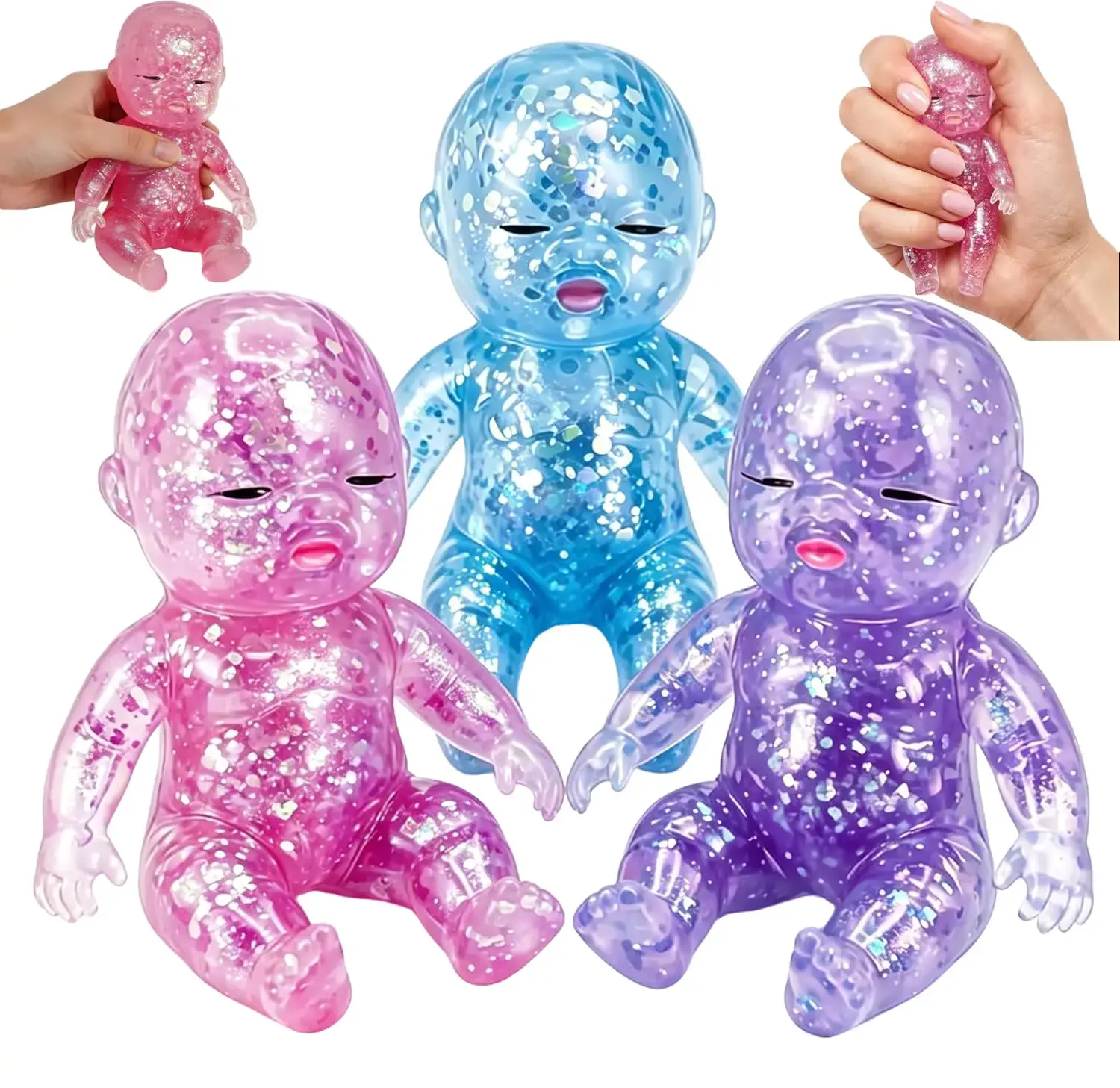 3PCS Silicone Glitter Slow-Rising Baby Squishies Toys, Soft Cute Sensory Fidget Toys for Stress Relief, Desk Decor & Adult Gift