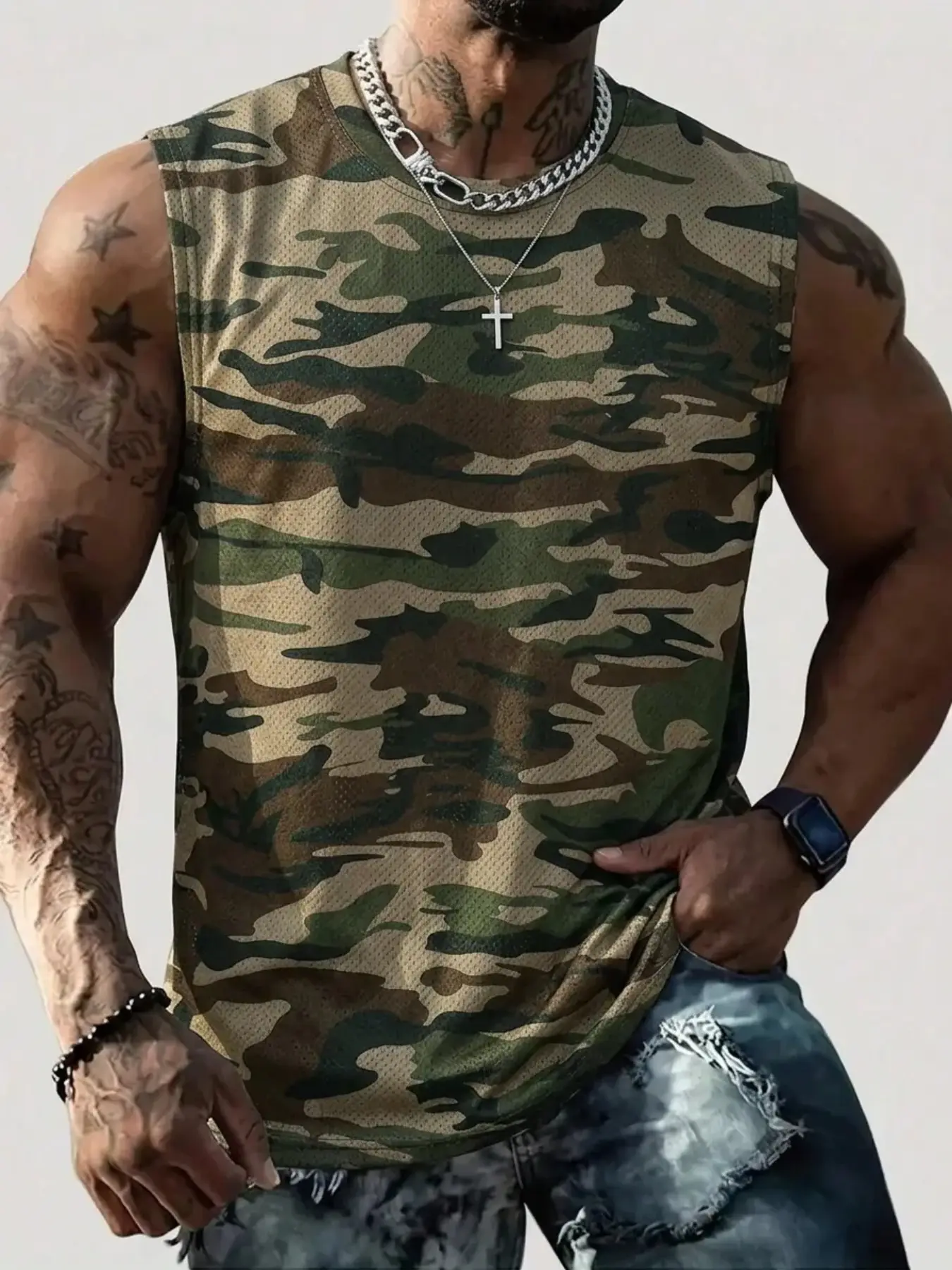 Vintage Camouflage Sleeveless Tank Top for Men - Casual Streetwear Breathable Mesh Vest, Loose Fit, Ideal for Gym, Daily Wear & Urban Style