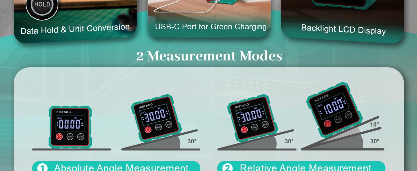 Magnetic Digital Angle Finder with Dual Laser Guide & 360° Magnetic Attachment Rechargeable Angle Meter for Woodworking Construction and Machinery