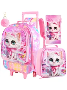 4PCS Rolling Backpack for Girls, Kids Cat Roller Backpacks with Wheels for Kids, Wheeled Bookbag Set for Toddler Elementary School, Cute Versatile Backpack