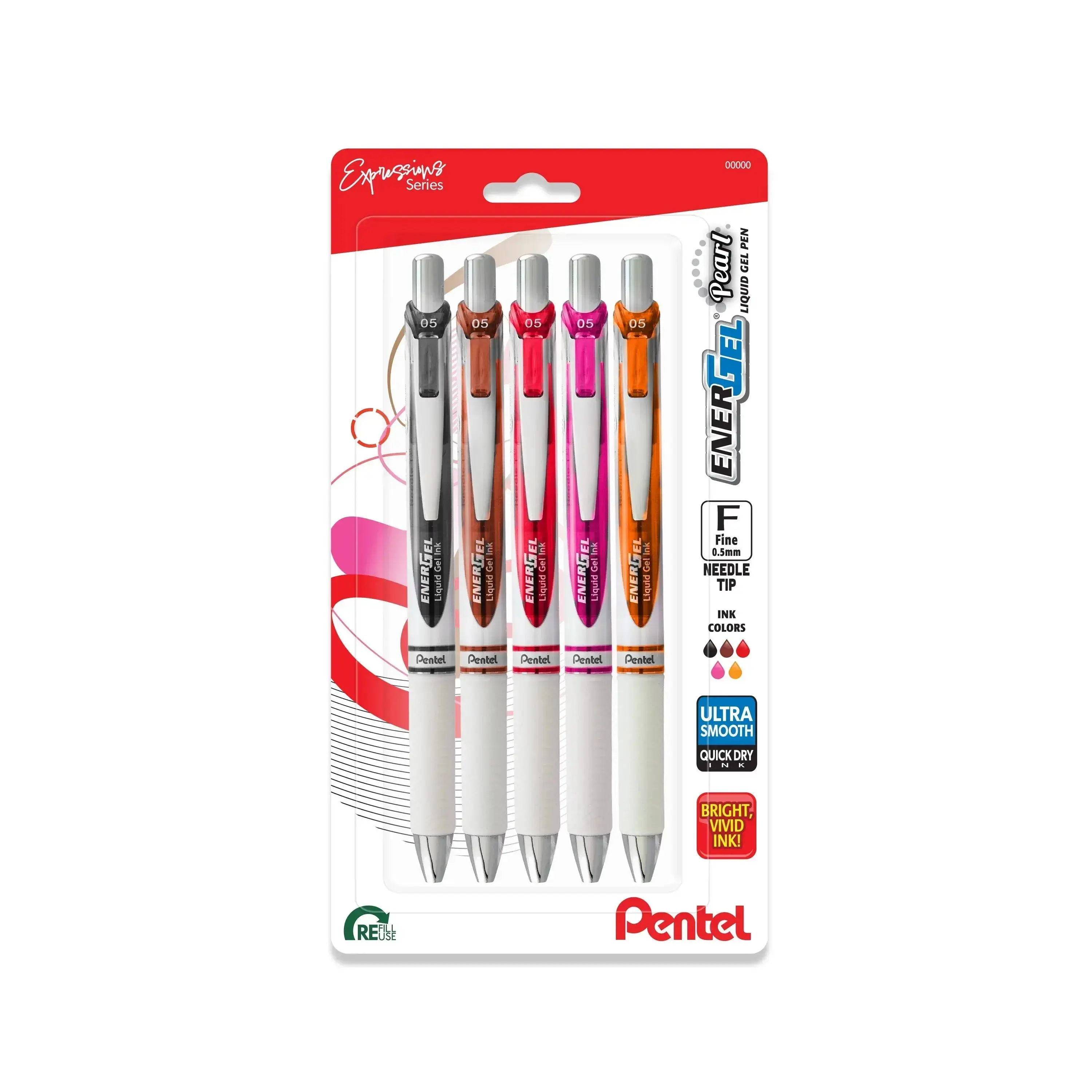 Pentel EnerGel RTX Pearl Barrel Gel Pen Set, Expressions 5-Pack, 0.5mm Needle Tip, Multicolor Pen, Quick Dry, Smooth Writing, Skip-Free Flow, Quick Dry Pens
