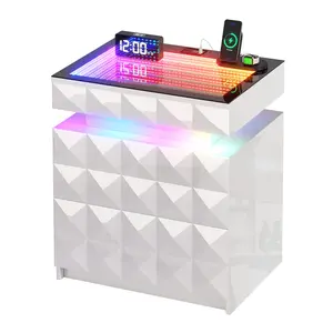 Bedside Table with Charger Station and RGB Lights, Nightstand with 3 Drawers and Sliding Top, Modern Night Stand with Human Body Sensor for Bedroom & Living Room