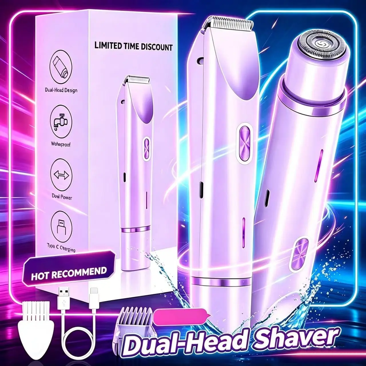 2-In-1 Cordless Electric Hair Remover Razor, Full Body Shaver, Facial Hair Trimmer, Brow Groomer, Nose Bikini Line, Pain-Free Smooth Depilatory, Rechargeable Shaver, USB Rechargeable Shaver, Hair Removal