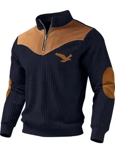 Vintage patchwork half-zip sweater for men, American eagle embroidery knitted shirt