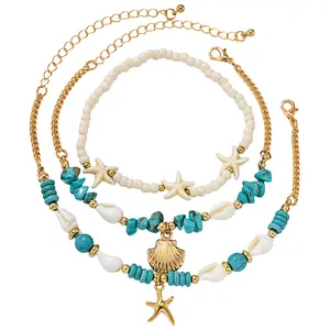 OIDEA Female 3-Pcs Boho Anklets Set - Adjustable Layered Stack, Ocean Theme Costume Jewelry with Metal Coating, Starfish Motif, Shell Pendants, Turquoise Mix Beads for Beach Vacation summerwins