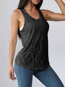 Women's Round Neck Hollow Out Mesh Vest, Breathable Asymmetrical Print Tank Top, Outdoor Casual Gym Running Cycling Hiking Sleeveless Shirt, Workout Vest, Yoga Sports Vest