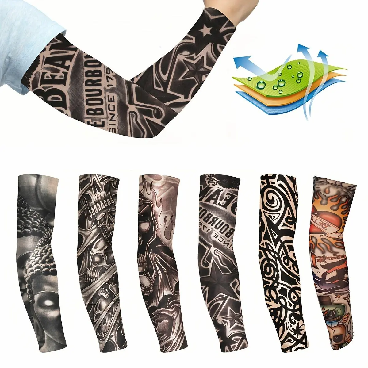 Set of 6 Tattoo Arm Sleeves, Ideal for Summer Sun Protection During Outdoor Sports