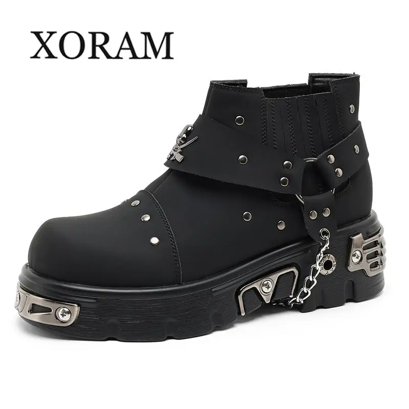 XORAM Men's Chelsea Boots Men's Dark Rock Punk Metal Low-Top Short Boots Men's Trendy Cyber Derby Leather Shoes 561224-J black daily walk Footwear black boots boots for men