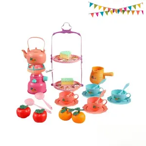 Kids Plastic Tea Party Set, Princess Theme Pretend Play Kitchen Toy for Toddlers and Girls Ages 3–8. Includes teapot, cups, saucers, dessert toys and tray. Ideal birthday gift, Easter gift and holiday gift for little girls.