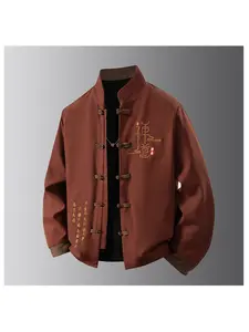 1 PC Men's Fall/Winter Fashion Casual Short Lapel Chinese Character Pattern Printed New Chinese Style Collar and Sleeve Design Long-Sleeve Coat Comfortable, with Rope Buckle