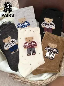 5 pairs of adorable cute bear-print mid-calf casual daily socks, animal pattern, couple's set, unisex, fall/winter style