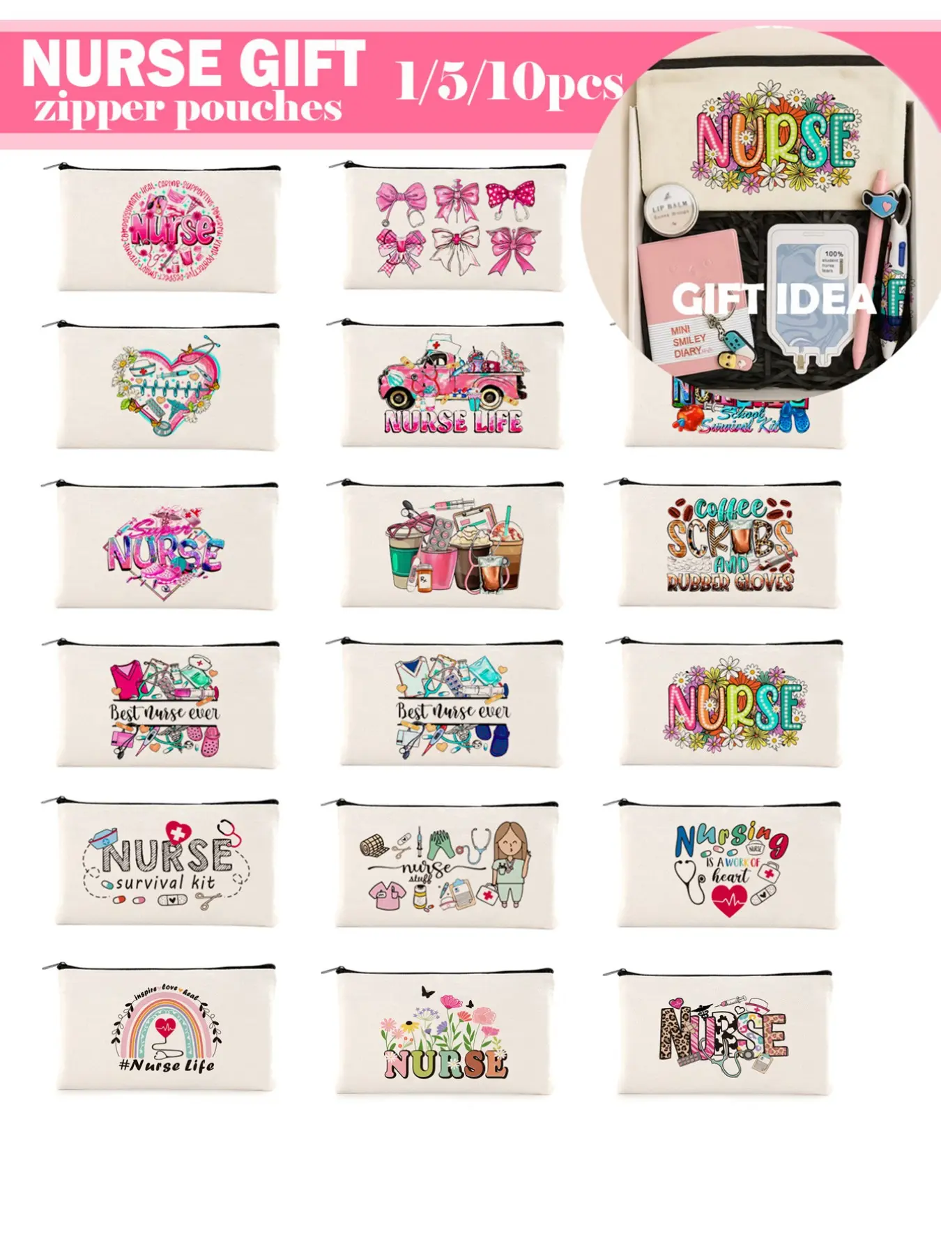 1/5/10PCS Nurse-Themed Canvas Bag with Zipper, Multi-Purpose Emergency/medicine Bag, Letter/flower/leopard print/heart/rainbow patterned prints are Fun Makeup Organizer Pouch, Cosmetic Bag for Travel, Beach, and More, Cosmetics Bag, Travel Cosmetic Bags