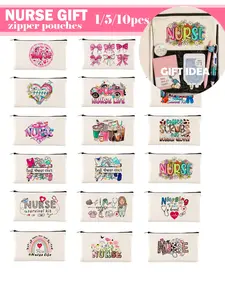 1/5/10PCS Nurse-Themed Canvas Bag with Zipper, Multi-Purpose Emergency/medicine Bag, Letter/flower/leopard print/heart/rainbow patterned prints are Fun Makeup Organizer Pouch, Cosmetic Bag for Travel, Beach, and More