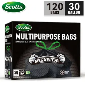 Scotts 30 Gallon Boxed Disposable Non Tear Black Large Drawstring Trash Bags, For Large Kitchen Trash Can, Ultra Strong 113.5L Multipurpose Cleaning Supplies For Industrial, Garden, Home, Commercial - Durable, Leak-Proof, Easy To Use Garbage Bags