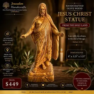 Jerusalem Handicrafts Olive Wood Risen Christ Statue Handmade Jesus Sculpture from the Holy Land 8" x 3.25" x 3.25" Authentic Olive Wood Christian Gift