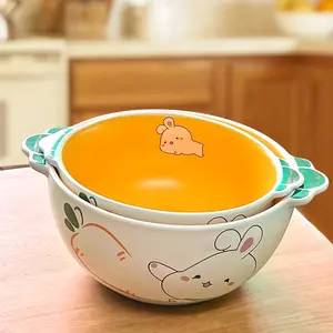 2-Piece Ceramic Dessert Bowl Set, Easter Bunny Pattern, Dishwasher Safe, Microwave & Oven Friendly, Modern Elegant Tableware for Home Use