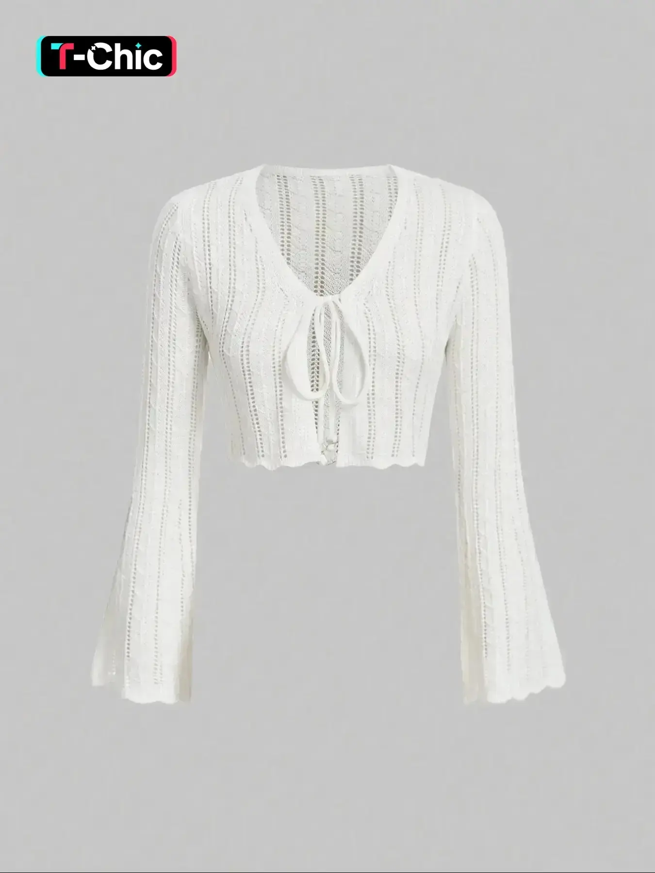 Women's Solid Color Tie Front Crop Sweater Cardigan, Casual Long Sleeve Cropped Knitting Knitwear for Spring & Fall, Fashion Women's Knit Clothing Womenswear for Daily Wear Tops