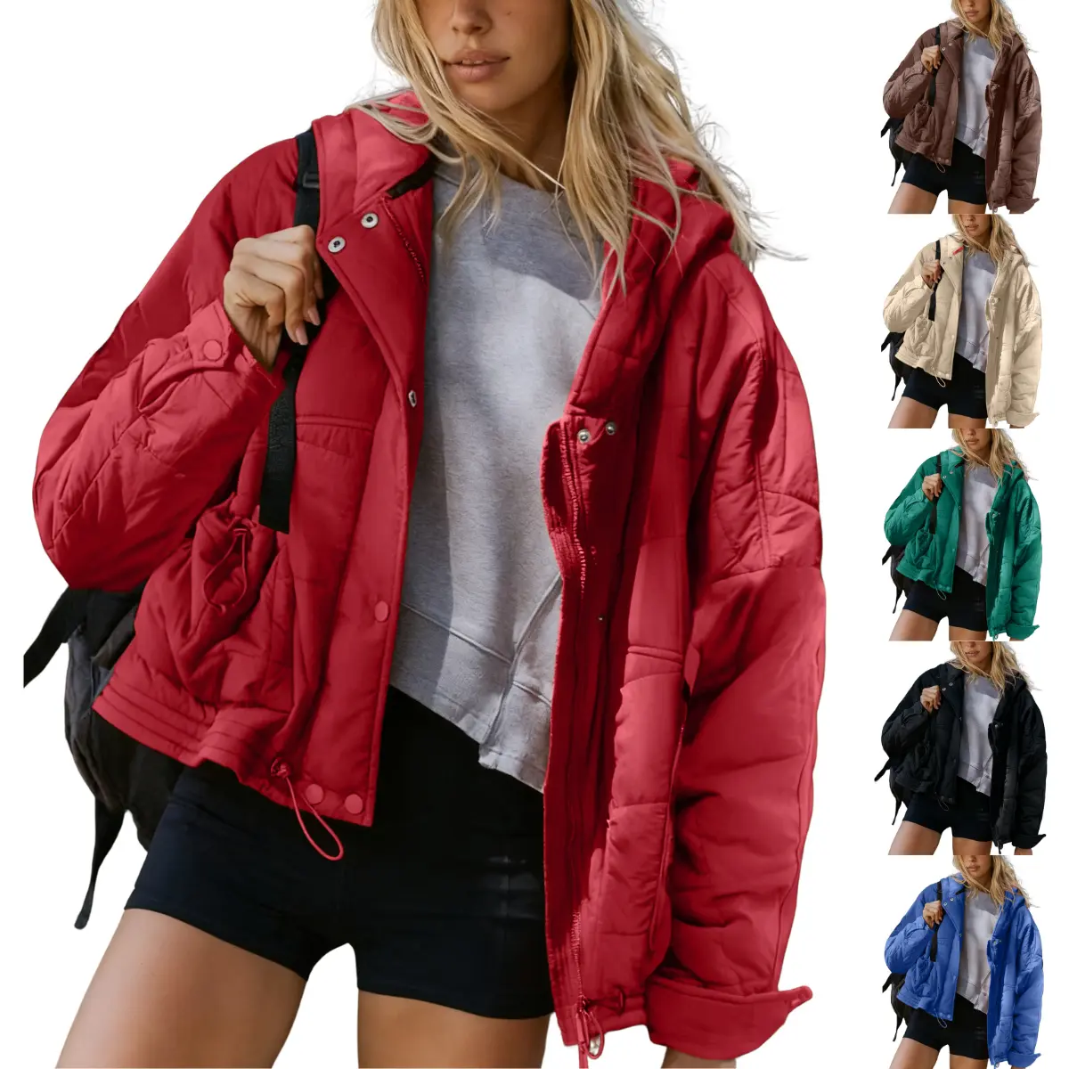 Kingapril Women's Oversized Quilted Nylon Puffer Jacket, a Comfortable Lightweight Hooded Coat for Casual Winter Wear, Tops, Fabric, Fit, Longsleeves, Thanksgiving, Long Sleeve, Oversize Fit, Wearable, All-Day Wear, Button