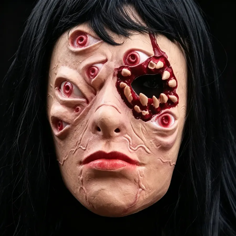 Fantasy Multi-Eyed Mutant Female Latex Mask with Long Black Wig - Creative Full-Face Halloween Cosplay Prop, Viral TikTok Content Accessory, Festive Party Gift, Accessories