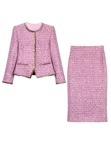 Women's Contrast Sequin Button Front Long Sleeve Jacket & Skirt Tweed Two-piece Set Suits, Elegant Chic Fashion Two Piece Outfits for Work Office Business, Ladies Spring & Fall Clothes