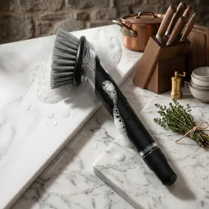 Soap Dispensing Dish Brush with Holder, Kitchen Scrub Brush Set with 2 Replacement Washable Brush Heads, Ergonomic Non-Scratch Cleaning Brush for Pots Pans Dishes, Practical Household Gift