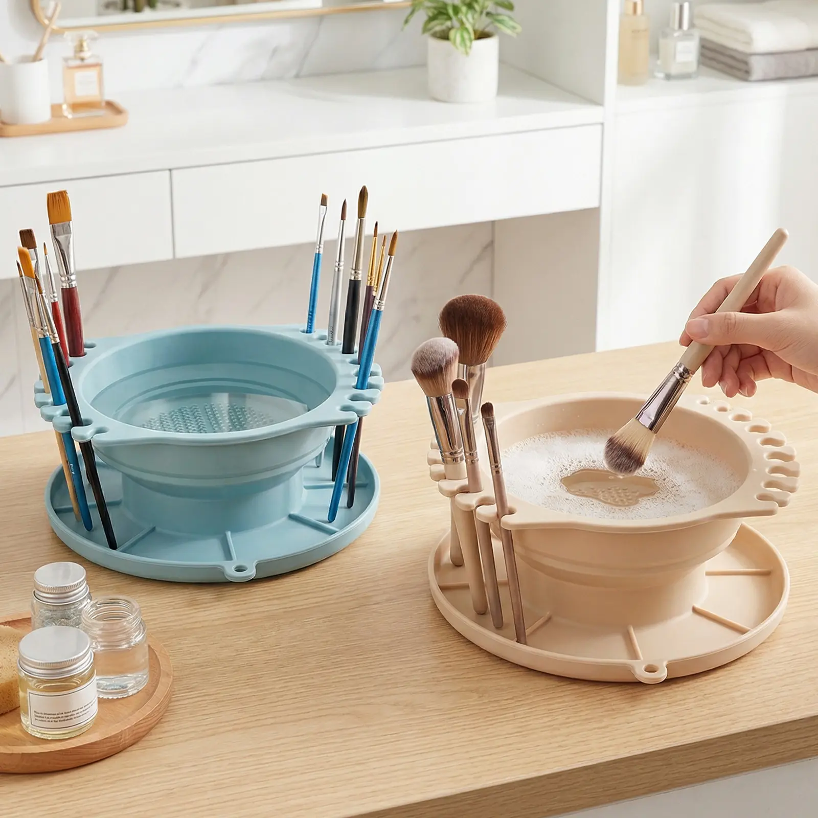 Collapsible Silicone Makeup Brush Cleaner Basin – Foldable Brush Cleaning Container for Foundation, Eye, Lip Brushes, Easy-Clean & Portable for Travel, Home, Studio