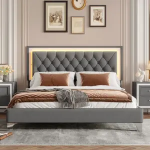Queen Size Platform Bed Frame with LED Lights, Velvet Upholstered Queen Bed with Tufted Headboard, Queen size Bed Frame with Wood Slat Support for Bedroom, No Box Spring Needed, Easy Assembly, Grey