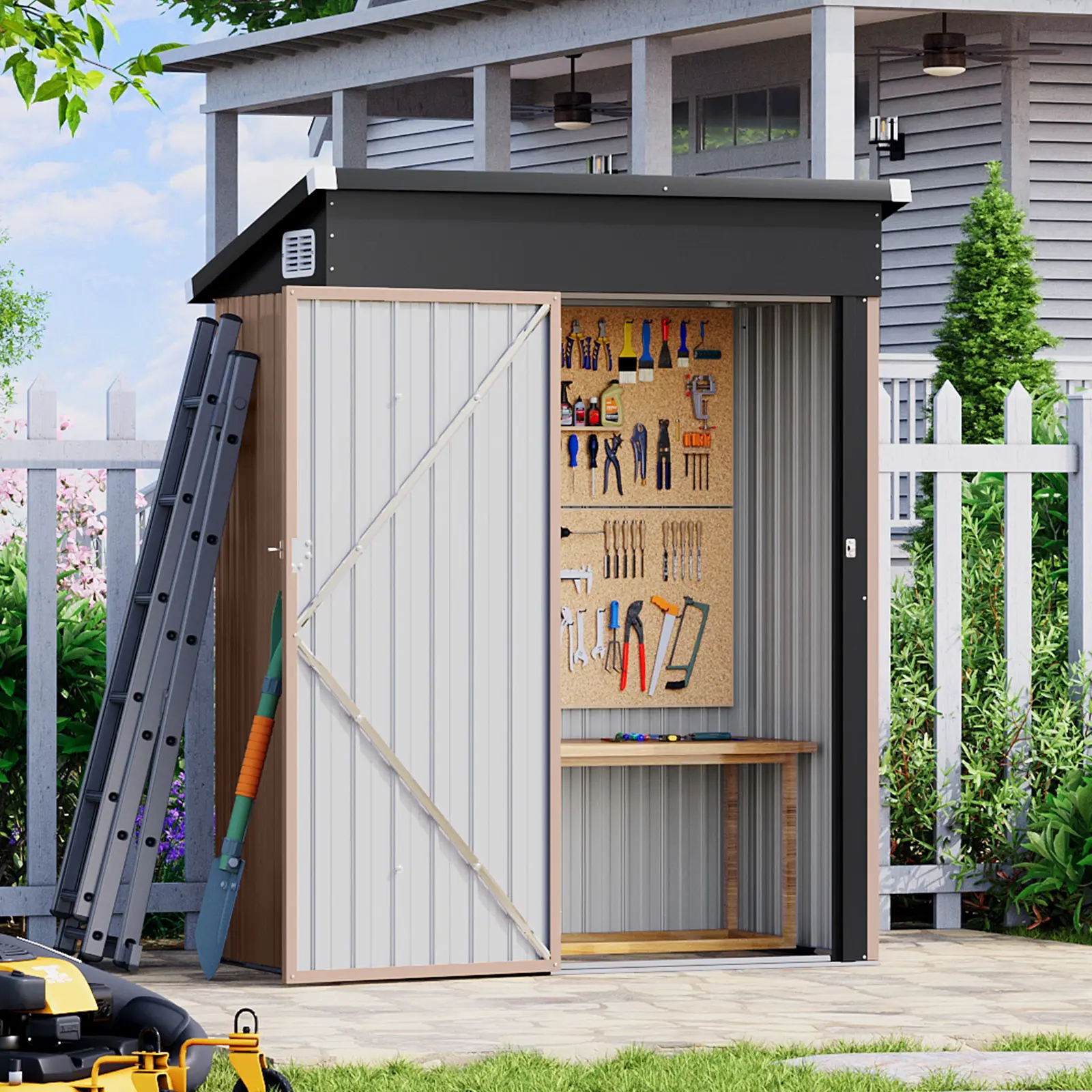 Jolydale Galvanized Steel Garden Shed, 5x3ft (63" L x 37.6" W x 67" H) Weatherproof Outdoor Storage, Pre-Labeled Parts, Reinforced Sloping Roof, Lockable Doors, Advanced Corrosion Resistance, Sun Protection, Brown for Backyard Use, Metal, Sliding Tool She